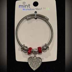 Mint Silver Stainless Steel Adjustable Bracelet Heart Charm and Red Accents